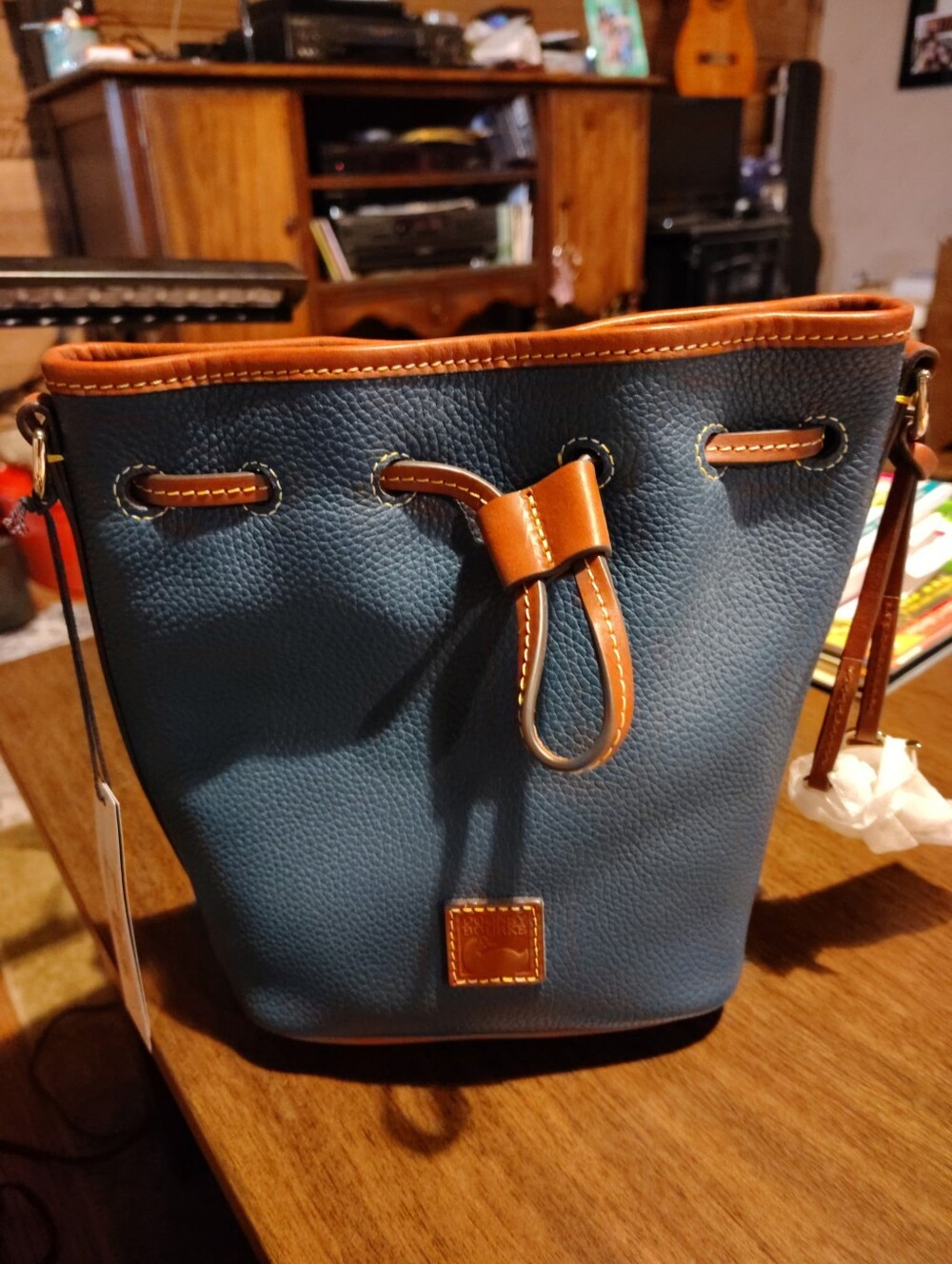 Dooney & Bourke Blue Leather Drawstring Bucket Bag with Tan Trim
